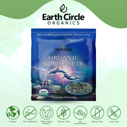 Earth Circle Organics | Organic Nori Seaweed Sheets - Raw, Unheated & Not Roasted | Grade A Certified | Vegan, Paleo, Keto Friendly | Premium Nori...