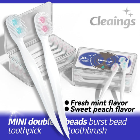 cleaings® Mini Brushes-Disposable Toothbrushes with Double Cleaning Beads Toothpaste and Pick for Daily Life or Travel, 20 Count-Peach Flavor?Pack...