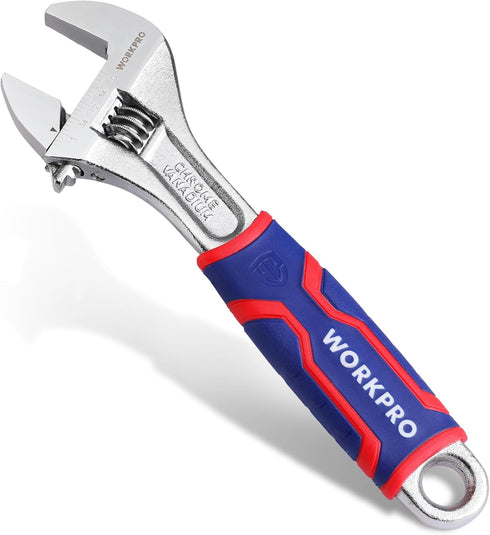 WORKPRO 8-inch Adjustable Wrench, Wide Jaw Opening Wrench with Rubber Anti-slip grip, Metric/SAE Scales, Premium Cr-V Steel, Chrome Plated...