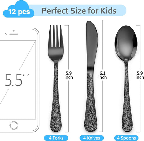 LIANYU 9-Piece Kids Black Silverware Set, Stainless Steel Toddler Utensils, Hammered Metal Flatware Cutlery Set Preschooler, Children Tableware In...