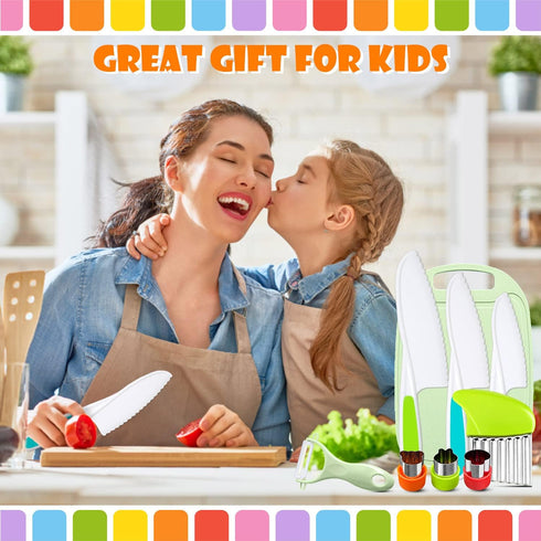 9 Pcs Kids Kitchen Knife Set, Kids Knives For Real Cooking With Cutting Board, Y Peeler, Crinkle Cutter, Sandwich Cutter, Serrated Edges Plastic T...