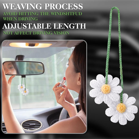Frienda 8 Pcs Crochet Car Accessories Set Handmade Crochet Steering Wheel Cover 2 Pcs Belt Cover Hanging Cute Plants 4 Pcs Air Vent Clip for Women...