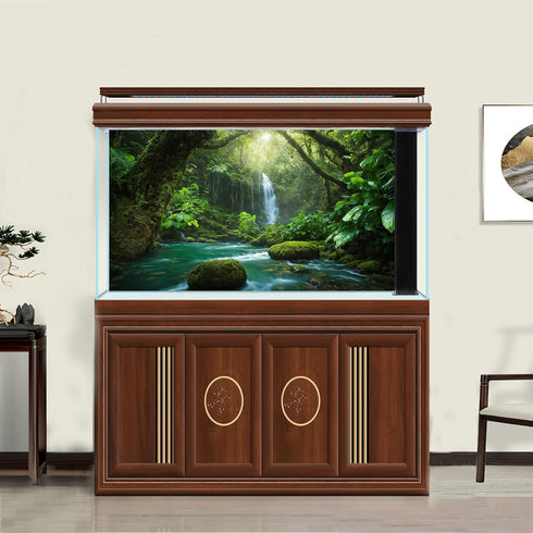 Waterfall Aquarium Background Tropical Jungle Lush Rainforest Terrarium Background Huge Trees Moss River Deep Mountain Forest Nature Reptile Habit...