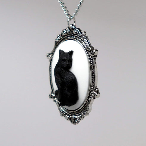 Black Cat Cameo in Antique Silver Finish Pewter Frame Pendant Necklace...