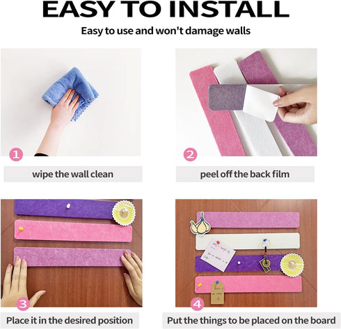 8 Pcs Purple Pink White Felt Pin Board Bar Strips Bulletin Board ?Self-Adhesive Bulletin Board Bar Strips?Cork Boards for Walls with 35 Pushpins, ...