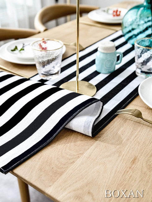 BOXAN Classic Black and White Striped Table Runner, Modern Stripes Pattern Elegant Cotton Canvas Table Top Decor for Art Deco Wedding, Bridal Show...