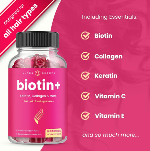 Hair Skin & Nails Gummies | Biotin with Collagen & Keratin | 5000mcg Biotin Beauty Complex | Vitamin Supplement | Berry | 120 Count for Women & Me...