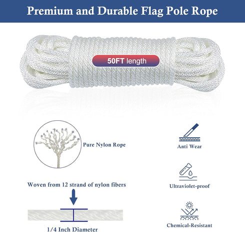 NQ Flag Pole Rope Line Kit-50FT x 1/4"Diameter Nylon Flag Pole Halyard Rope with 4 Pcs Swivel Snap Clips Hooks Fits Flagpole Up to 25FT, Outdoor F...