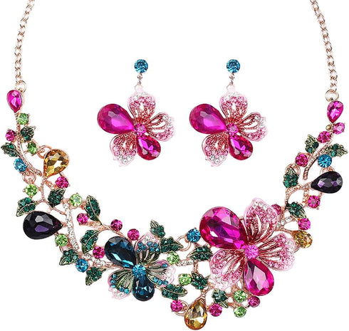 Sunvy Noble Diamond Crystal Flower Chain Choker Collar Necklace Earrings Set...