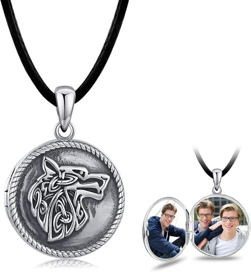 CHENGHONG Wolf Locket Necklace 925 Sterling Silver Locket Necklace That Holds Pictures Vintage Oxidized Viking Necklace Celtic Wolf Pendant Jewelr...
