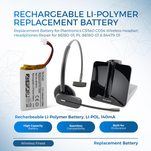 Replacement Battery for Plantronics CS540 C054 Wireless Headset Headphones Repair for 86180-01, PL-86180-01 & 84479-01, Rechargeable Li-Polymer Ba...