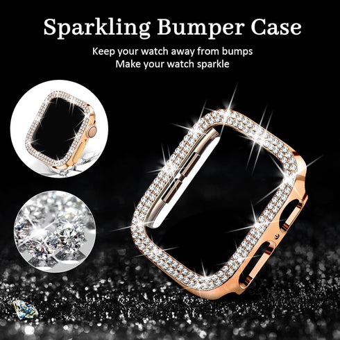 Magnetic Band with Bling Case Women Compatible with Apple Watch 45mm Crown Stainless Steel Strap Dressy Milanese Loop Protective Cover for iWatch ...