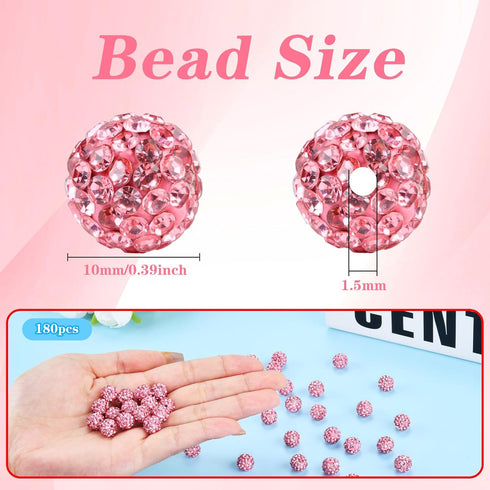 Abitoncc 180pcs 10mm Rhinestone Clay Beads for Jewelry Making, Pink Crystal Round Disco Ball AAA+ Grade Beads Bulk, Sparkly Diamond Bling Baseball...