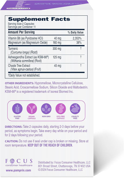 Pamprin Botanicals Supplement for PMS & Period Support, with Ashwagandha, Magnesium, Turmeric, Vitamin B6, Chasteberry, 22 Count...