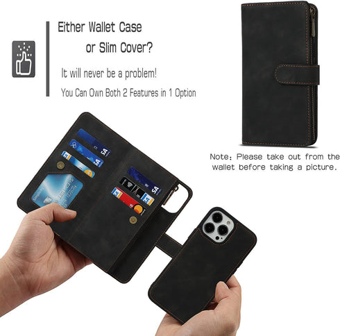 iCoverCase Compatible with iPhone 13 Pro Wallet Phone Case with Card Holder, PU Leather Zipper Pocket Magnetic Detachable Flip Case with Wrist Str...
