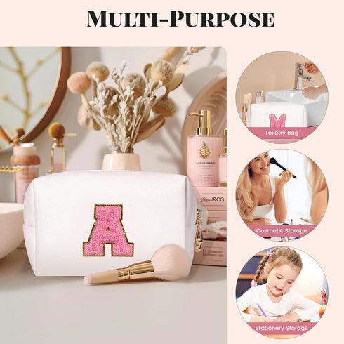 Preppy Makeup Bag, Cute Initial Cosmetic Bag Personalized Travel Makeup Pouch with Chenille Letters, Portable Waterproof PU Leather Zipper Toiletr...