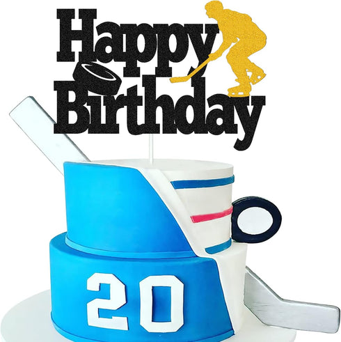 Hockey Cake Topper Hockey Player Figurines Happy Birthday Cake Decor for Kids Boys Girls Ice Hockey Sport Themed Party Supplies Black Sparkle Deco...