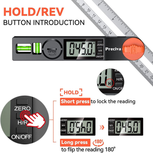 Preciva T-Bevel Gauge & Protractor with Horizontal and Vertical Bubble,0-338° Digital Angle Finder Protractor 230mm/8inch Display for Carpentry Wo...