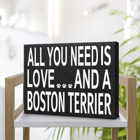 JennyGems Gift for Boston Terrier Lovers - All You Need Is Love Boston Terrier Wooden Sign, 8x6x1.5 Inches, Shelf or Wall Decor, Dog Lover Christm...