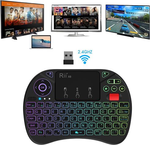 Rii X8 Mini Keyboard,2.4GHz Portable Wireless Keyboard with Touchpad Mouse,RGB Backlit,Rechargeable Battery for Android TV Box/Mac/PC/Nvidia Shiel...
