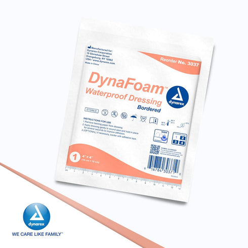 Dynarex Dynafoam Waterproof Bordered Adhesive Foam Wound Dressing Bandage, 4" x 4", 10 Count...