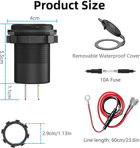 USB C Car Charger Socket, Qidoe 12V/24V Dual USB Outlet PD3.0 & QC3.0 Car USB Port with LED Voltmeter and ON/Off Switch DIY Car Socket for Car Boa...