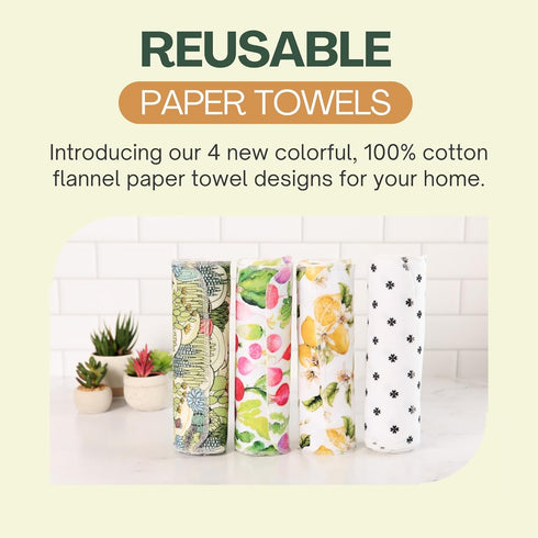 Reusable Paper Towels Washable Roll (12”x10”) - Soft, Absorbent 100% Cotton Flannel Papertowels - Reusable Dish Cloths w/Cardboard Roll - Kitchen ...