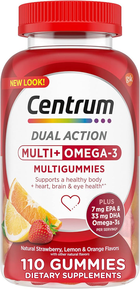 Centrum MultiGummies Multi+ Omega 3 Dual Action, Adult Multivitamin, Multivitamin/Multimineral/Omega 3 Supplement, Strawberry/Lemon/Orange Flavors...