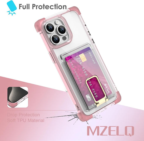 MZELQ for iPhone 15 Pro Max Case, Card Holder Camera Protection Cover + Screen Protector, Push-able Kickstand Case Four Corner Protection Shockpro...