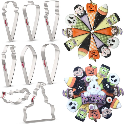 LILIAO Halloween Cookie Cutter Set - 8 Piece - Skull, Witch, Candy Corn, Vampire, Pumpkin, Zombie, Bat and Ghost Plaque Fondant Biscuit Cutters - ...