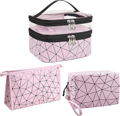 Travel Makeup Bag Organizer, Waterproofing Toiletry Bag Set, Skincare Bag with 2 Cosmetic Bags for Women, Pink Makeup Bag...