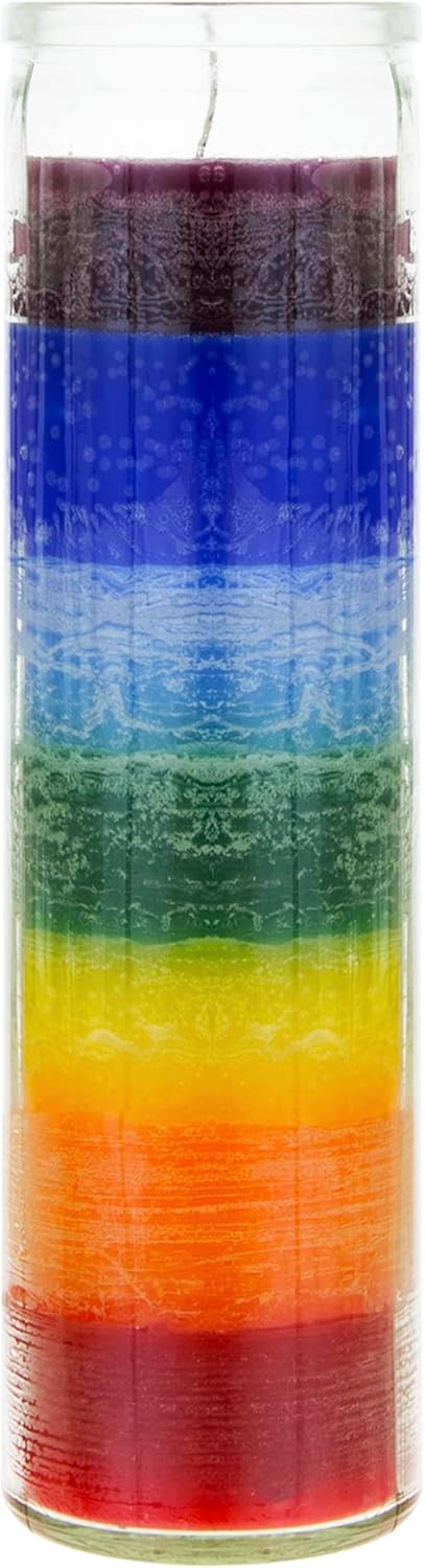 Mega Candles 1 pc Unscented Multi Color Chakra Glass Devotional Prayer Candles, Hand Poured Premium Wax Candle 2 Inch x 8 Inch, Promotes Positive ...