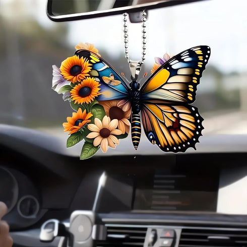 Butterfly Car Rearview Mirror Accessories, Butterfly Car Hanging Ornament, Sunflower Car Pendant for Home Decoration Keepsake Christmas Valentine'...
