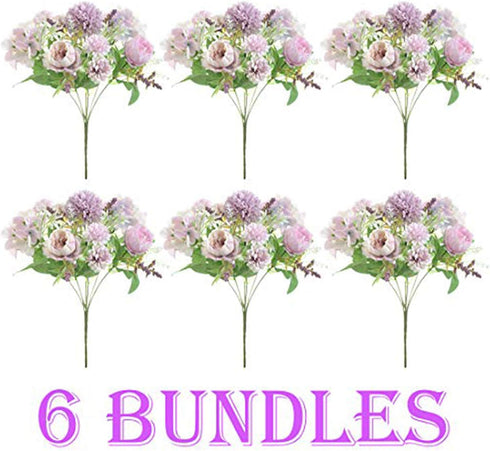 6 Pack Artificial Flowers, Fake Faux Peony Silk Hydrangea Plastic Carnations Daisy Realistic Flower Arrangements for Wedding Decoration Table Cent...