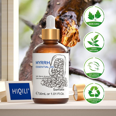 HIQILI Myrrh Essential Oil, for Skin, Masssge, Pain Relief, 100% Pure & Natural - 1.01 Fl Oz...