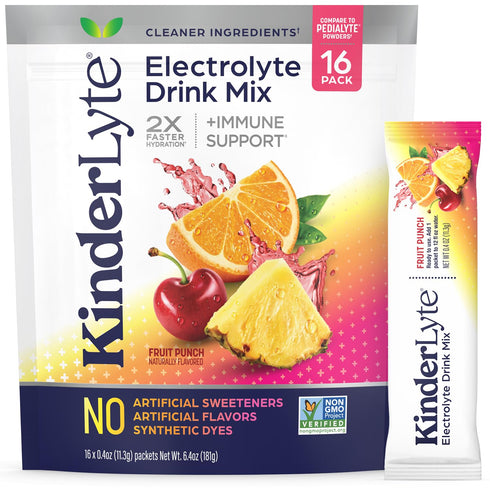 Kinderlyte Electrolyte Powder for Kids and Adults - Drink Mix Hydration Packets (Fruit Punch, 16 Count), No Artificial Sweeteners or Flavors, No S...