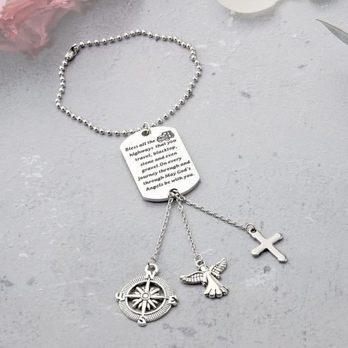 FUSTMW Guardian Angel Rearview Mirror Charm Drive Safe Gifts Car Ornament Hanging New Drivers Gifts May Your Guardian Angel Ride with You (silver)...