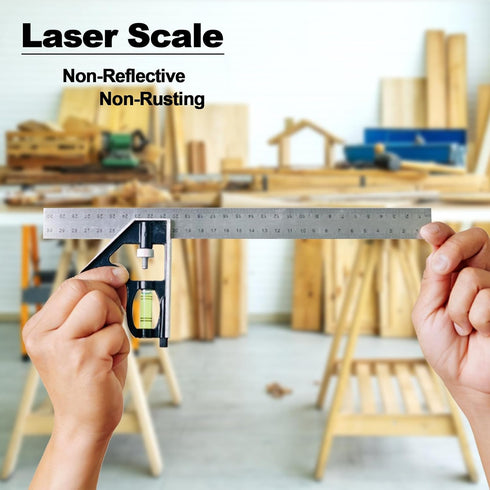 12" Metric Combination Square Ruler for Electricians and Carpenters, 45-90 Degree Marking Square, Bubble Level, Square Tool, Woodworking Square, C...