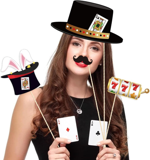 25Pcs Casino Photo Booth Props with Stick, Las Vegas Theme Selfie Props, Poker Night Birthday Party Supplies, Gambling Blackjack Photography Backd...