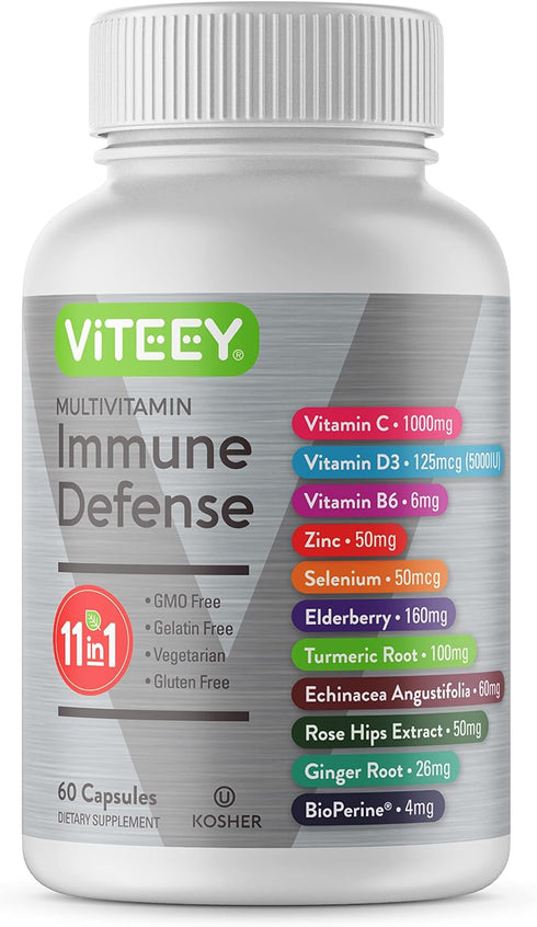 11 in 1 Multivitamin Immune Defense Supplement - Immune Booster Capsules for Adults - Vitamin C, Vitamin D3, Vitamin B6, Zinc, Elderberry, Echinac...