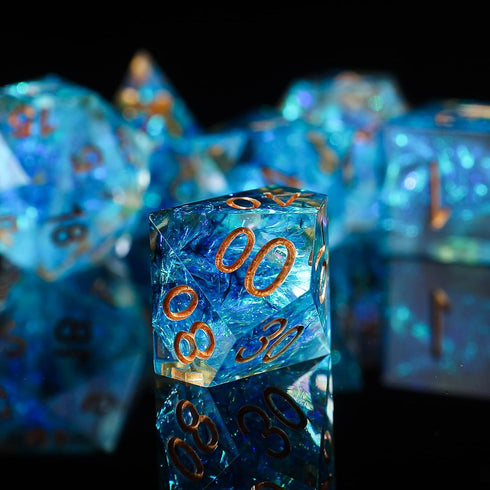 Sharp Edge DND Dice Set Metal Gift Box for Dungeons and Dragons TTRPG, Multi-Sided RPG Resin Roleplaying Games (Transparent Blue with Metallic Foi...