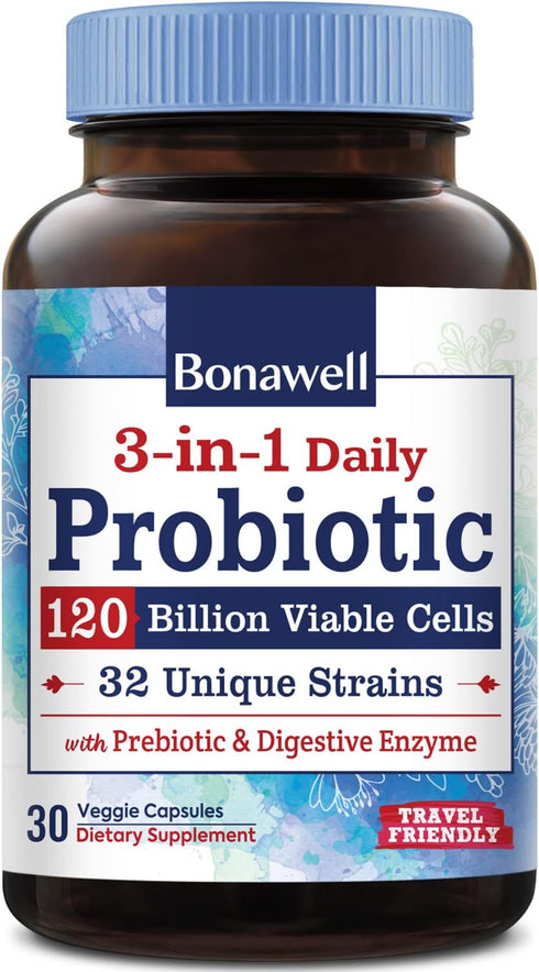 Bonawell Probiotics 120 Billion CFU 32 Strains with Prebiotics, Digestive Enzymes for Gut Health, 3-in-1 Daily Probiotic, Shelf-Stable, Delayed-Re...