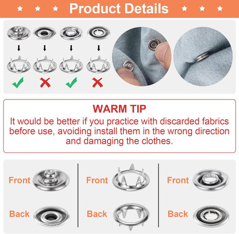 KIKOOD 60 Sets 9.5mm Snaps Buttons Fastener Metal Silver Open-Ring Cap Gripper Grip Stain Steel Prong No-Sew Button Studs for DIY Baby Jeans Cloth...