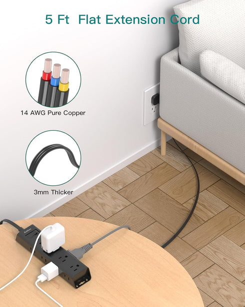 Extension Cord Flat Wall Plug - Surge Protector Power Strip with 12 Outlets, 5ft, Outlet Extender with Multiple Outlets, Wall Mount, Desk Charging...