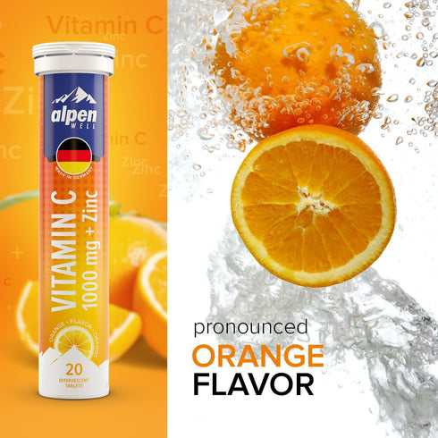 AlpenWell Vitamin C - 1000mg + Zinc - Immune Support - Effervescent Vitamin Drink Tablet, No Sugar + Low Calorie Supplement, Orange Flavor...
