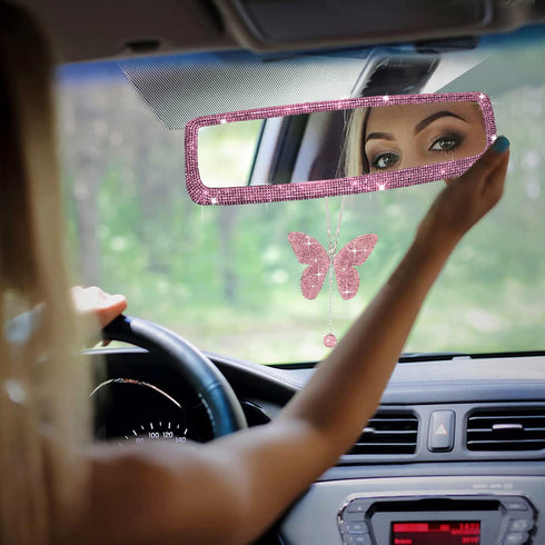 2 Packs Bling Bling Car Rear View Mirror with Rhinestone Crystal Butterfly Rear View Mirror Decor Accessories for Women,Car Interior Trim.Pink...