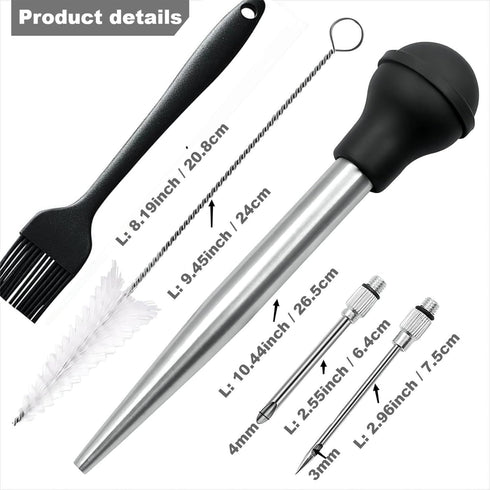 Turkey Baster with Cleaning Brush &BBQ Brush&Marinade Needles, Baster Syringe for Cooking, Stainless Steel Turkey Baster with Silicone Bulb, Baste...