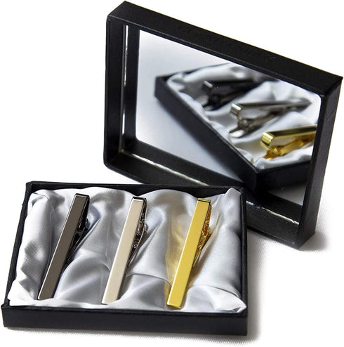 3pc Mens Tie Bar Clip for Regular Necktie, Gold Silver Black with Luxury Gift Box Set...