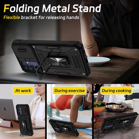 for Samsung Galaxy A15-5G Phone Case with Tempered Glass Screen Protector+Slide Camera Cover, with Magnetic Kickstand Galaxy A15 5G Case, Samsung ...