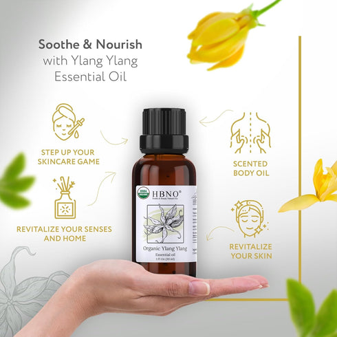 HBNO Organic Ylang ylang Essential Oil - 1 oz (30ml) - USDA Certified Organic Ylang ylang Essential Oil for Aromatherapy, Soap Making, DIY, Diffus...